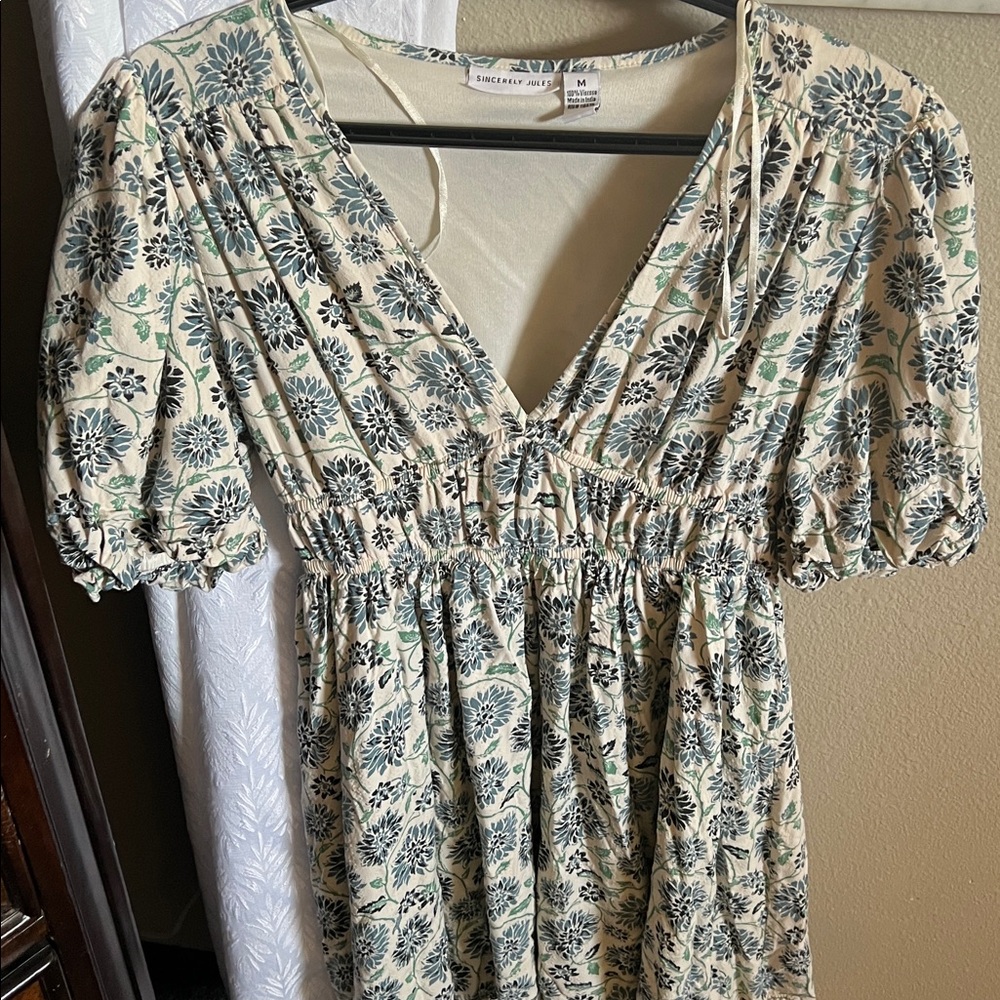 Sincerely Jules Cream and Blue Patterned Dress